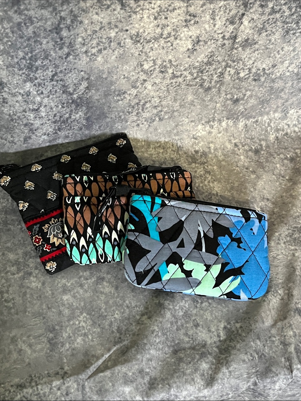 Vera Bradley Quilted Blue, Aqua & Gray Floral Pouches set of 3